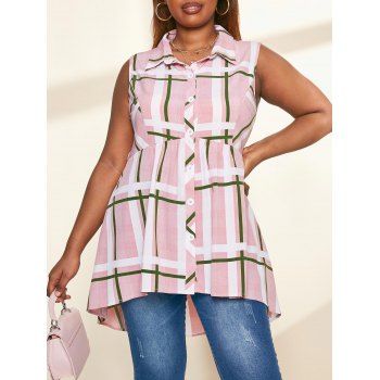 

Plus Size Plaid Button Up Skirted Sleeveless Shirt, Light pink