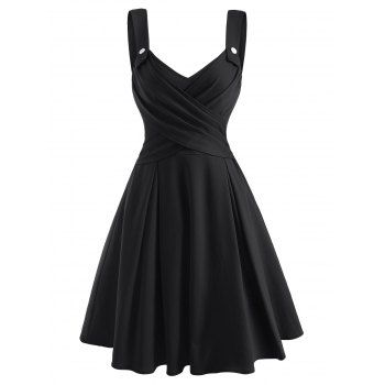 

Summer Vacation Solid Crossover Mock Button Sweetheart A Line Dress, Black