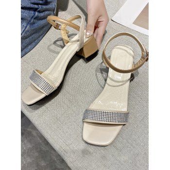 

Square Toe Rhinestone Embellished Sandals, Light khaki