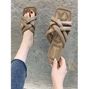 

Square Toe Criss-Cross Quilted-Sole Slides, Light khaki