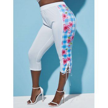 

Plus Size Floral Gingham Lace-Up Leggings, White