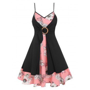 

O Ring Floral Print Layered Dress, Light pink