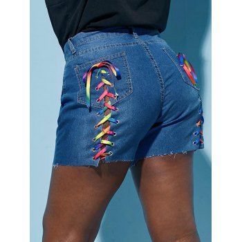 

Colorful Lace Up Back Raw Hem Plus Size Denim Shorts, Blue