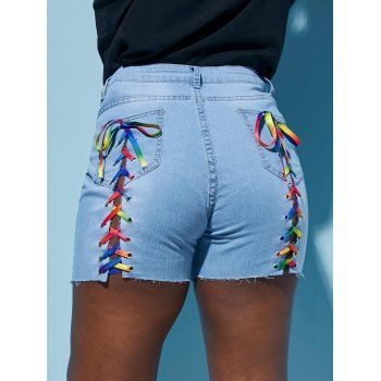 

Colorful Lace Up Back Raw Hem Plus Size Denim Shorts, Light blue