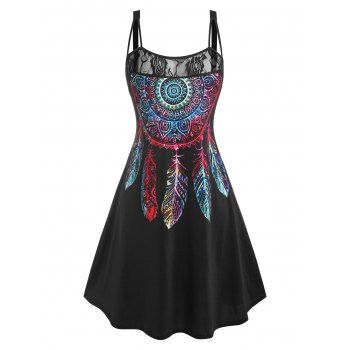 

Plus Size Dreamcatcher Print Lace Panel Dress, Black