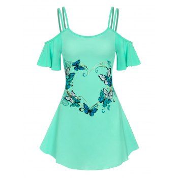 

Cold Shoulder Butterfly Print Strappy Dress, Light green