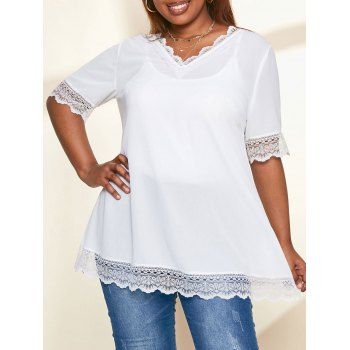 

Plus Size V Neck Lace Trims Blouse, White