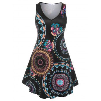 

Plus Size V Neck Tribal Print Sundress, Black