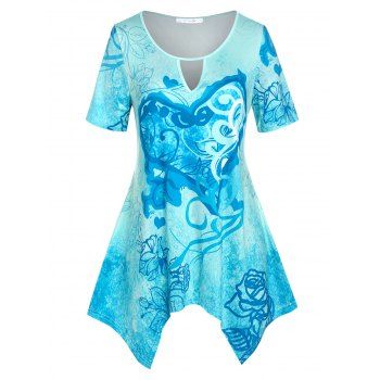 

Plus Size Flower Print Keyhole Handkerchief T-shirt, Light blue