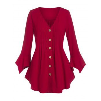 

Plus Size Ruffle Cuff Pintuck Button Up Blouse, Deep red