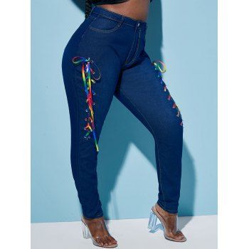 

Colorful Lace Up Front Plus Size Skinny Jeans, Deep blue