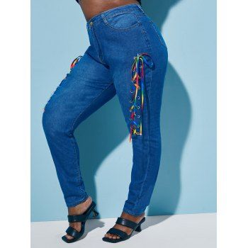 

Colorful Lace Up Front Plus Size Skinny Jeans, Blue