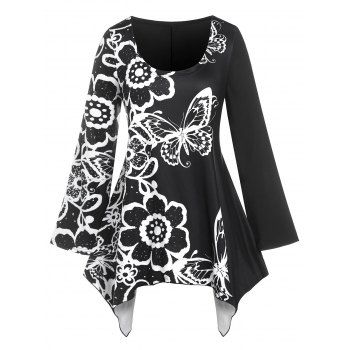 

Plus Size Monochrome Flower Butterfly Print Handkerchief Tee, Black