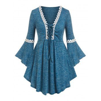 

Plus Size Bell Sleeve Lace Up Tee, Deep blue