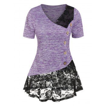 

Asymmetrical Heathered Lace Insert Sheer Contrast Skirted T-shirt, Light purple