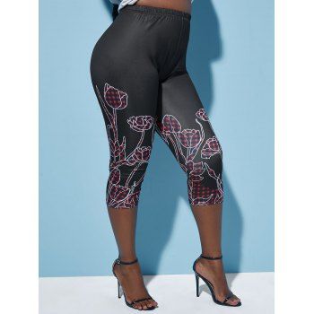 

Plus Size Flower Plaid Print Capri Leggings, Black