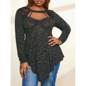

Plus Size Space Dye Lace Insert Long Sleeves Tee, Black