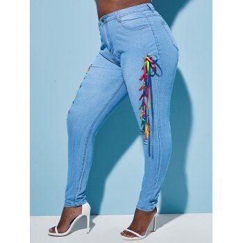 

Colorful Lace Up Front Plus Size Skinny Jeans, Light blue