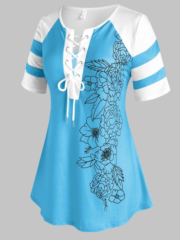T-shirt Motif de Fleur de Grande Taille à Lacets - Bleu clair L