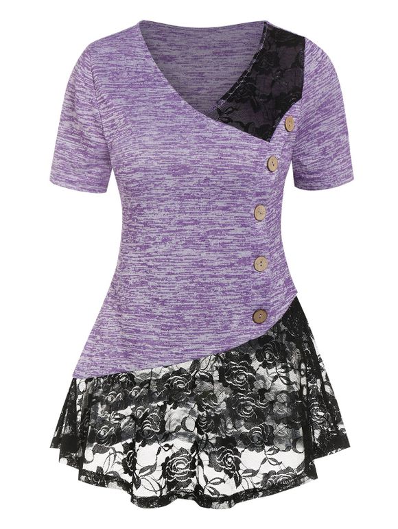 T-Shirt Jupé Asymétrique Panneau en Dentelle Tansparente avec Boutons - Violet clair XXXL