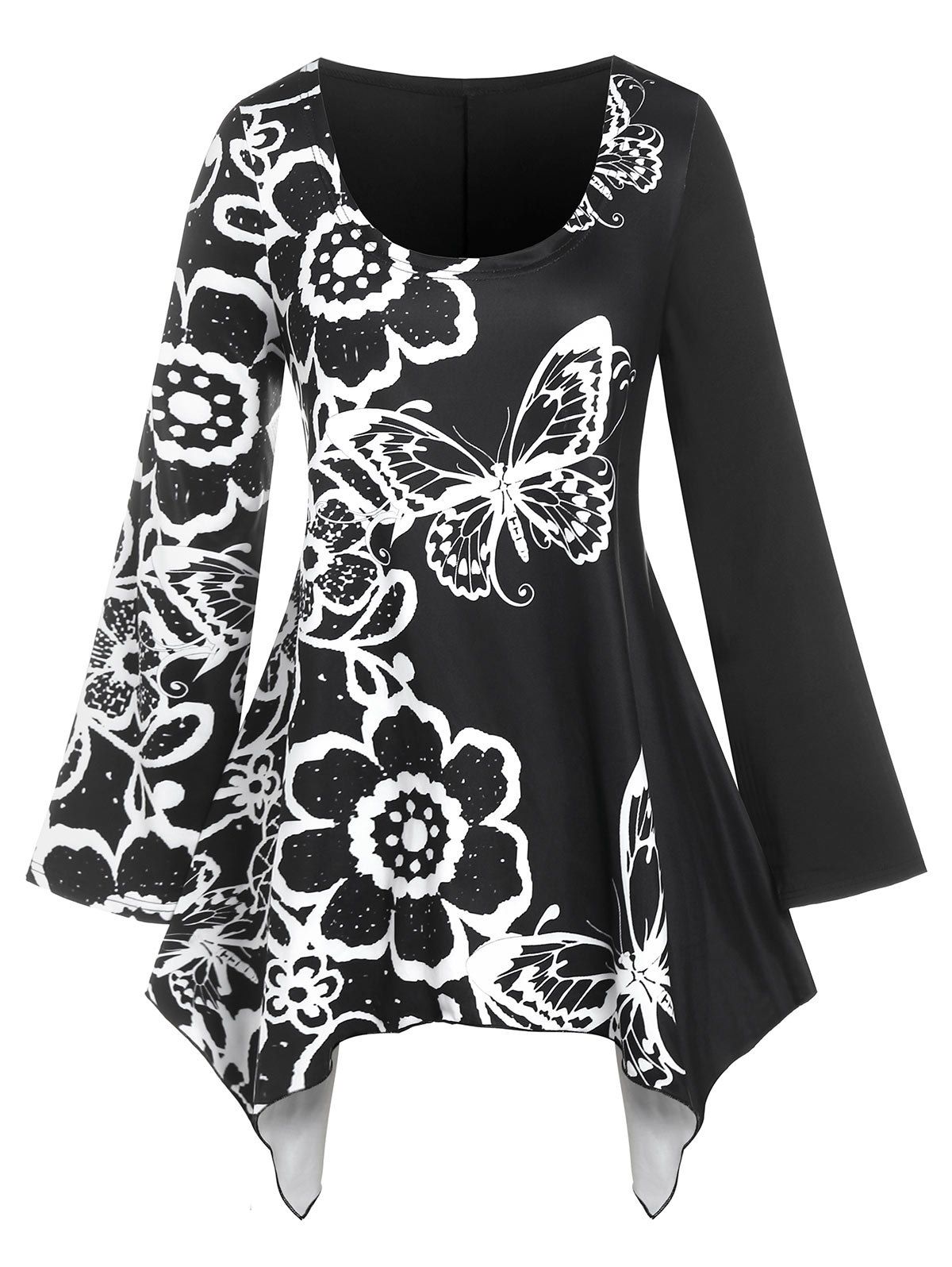 Plus Size Monochrome Flower Butterfly Print Handkerchief Tee - BLACK 5X