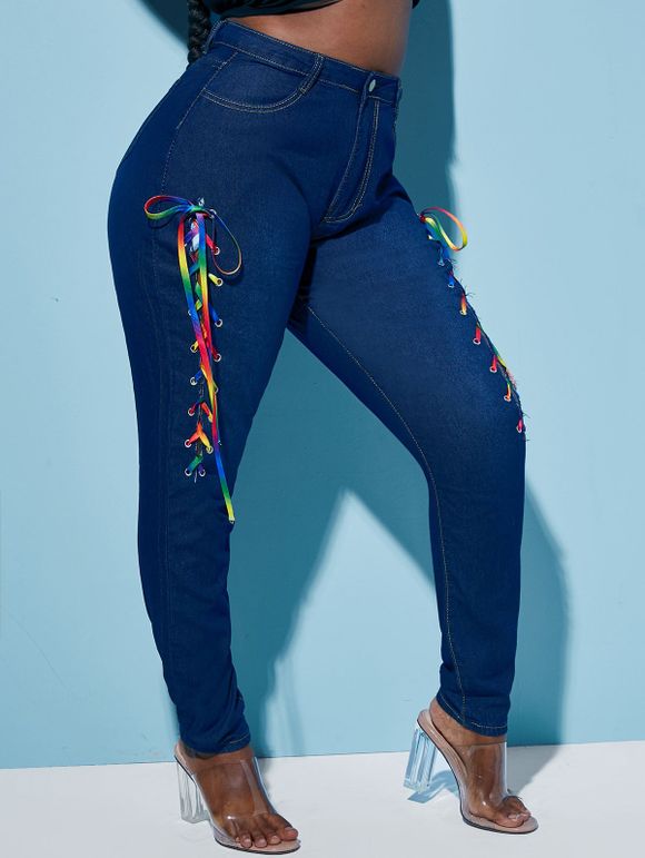 Jean Collant Coloré de Grande Taille à Lacets en Avant - Bleu profond 5XL