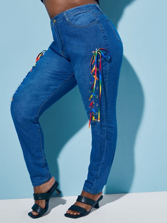 Jean Collant Coloré de Grande Taille à Lacets en Avant - Bleu XL