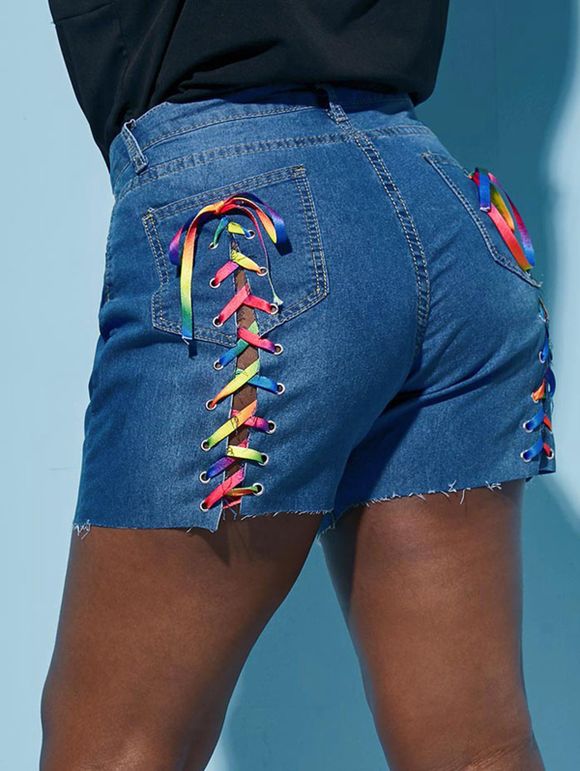 Short en Denim Coloré à Lacets Au Dos à Ourlet Brut de Grande Taille - Bleu XL