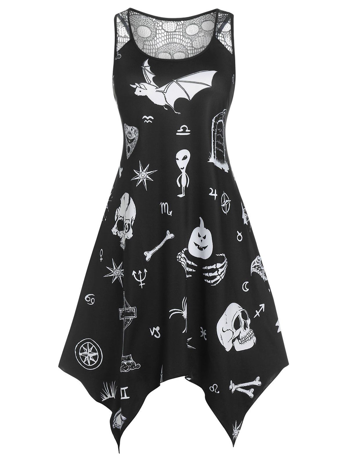 Plus Size Lace Panel Halloween Printed Handkerchief Dress - BLACK L