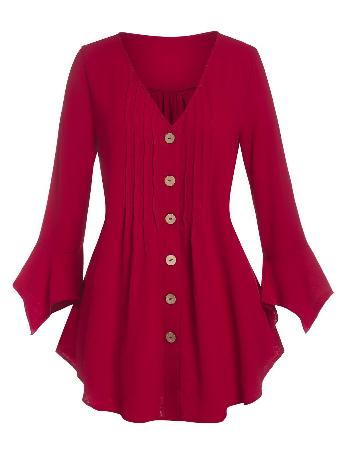 Plus Size Ruffle Cuff Pintuck Button Up Blouse - DEEP RED 2X