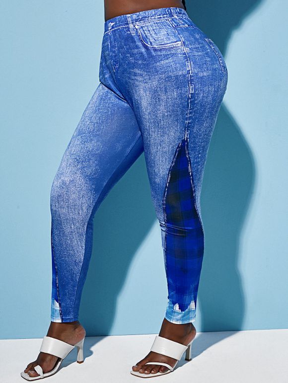 Pantalon Moulant à Imprimé 3D Jean Panneau à Carreaux de Grande Taille - Bleu 3X