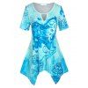 T-shirt Mouchoir à Imprimé Fleur de Grande Taille avec Trou de Serrure - Bleu clair 4X