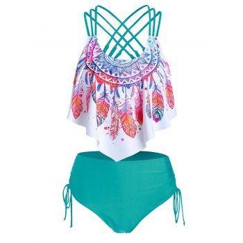 

Bohemian Swimsuit Feather Floral Print Crisscross Cinched Tankini Swimwear, Medium turquoise