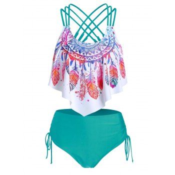 

Feather Print Strappy Cinched Tankini Swimwear, Medium turquoise