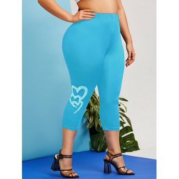 

Plus Size Rhinestone Heart Skinny Capri Leggings, Light blue