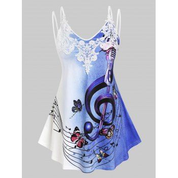 

Plus Size Lace Applique Musical Notes Print Tank Top, Blue