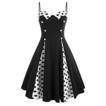 

Plaid Polka Dot Mock Button Cami Dress, Black