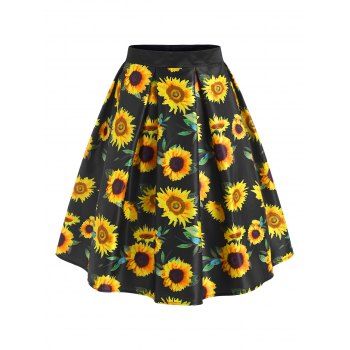 

Sunflower Print Knee Length Skirt, Black