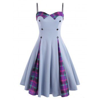 

Plaid Polka Dot Mock Button Cami Dress, Gray