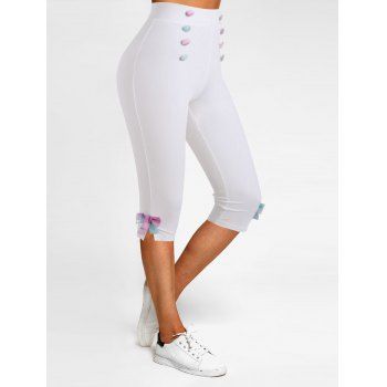 

Plaid Insert Bowknot Mock Button Slit Capri Leggings, White