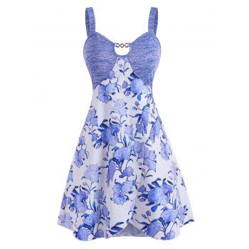 

Flower Print Chain Embellished Keyhole Tulip Hem Tank Top, Blue