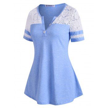 

Lace Insert Button Placket Colorblock T Shirt, Light blue