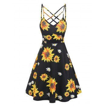 

Flower Print Spaghetti Strap Criss-cross Dress, Black