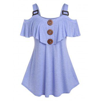 

Plus Size Cold Shoulder Ruffled Buckled Tee, Light purple
