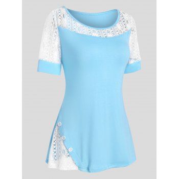 

Lace Insert Mock Button Colorblock T Shirt, Light blue