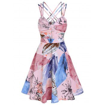 

Strappy Leaves Flowers Print Ruched Bust Dress, Light pink