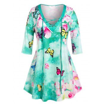 

Plus Size Floral Butterfly Print Lace Up T Shirt, Green