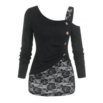 

Flower Lace Insert Mock Button T Shirt, Black