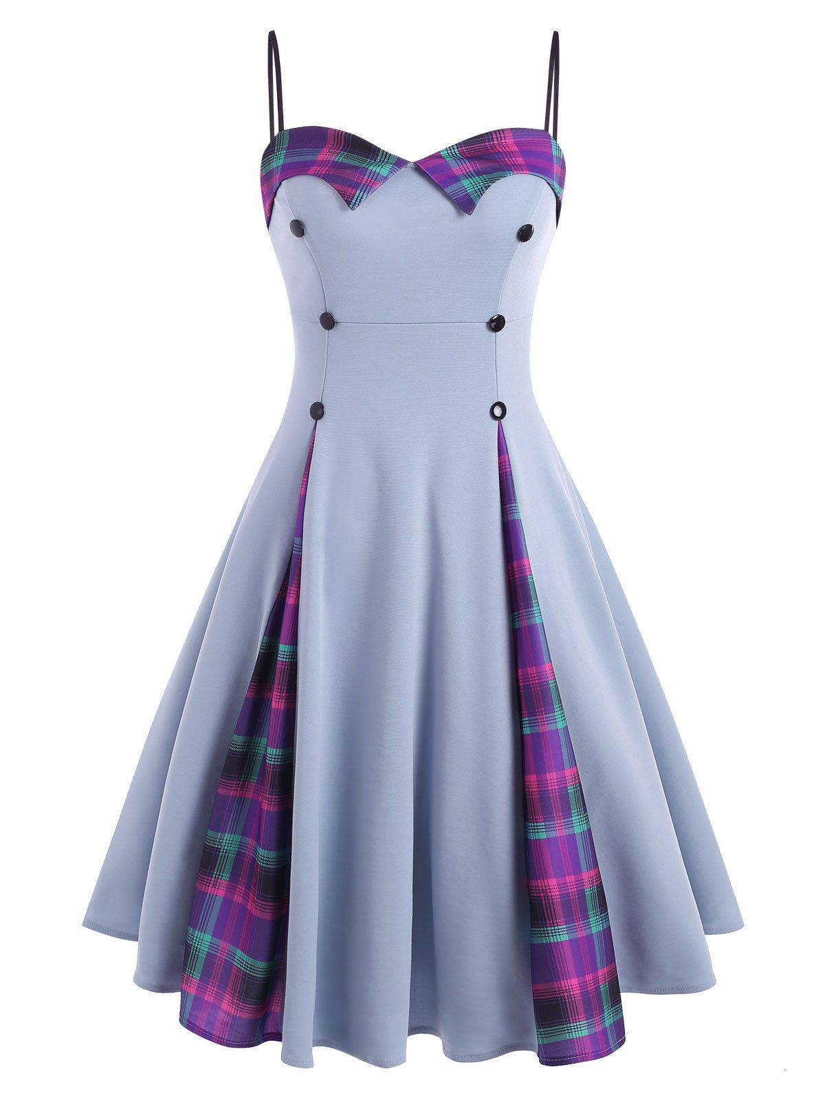 Plaid Polka Dot Mock Button Cami Dress - GRAY L