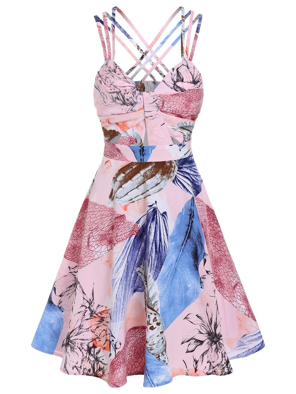 Strappy Leaves Flowers Print Ruched Bust Dress - LIGHT PINK XXXL